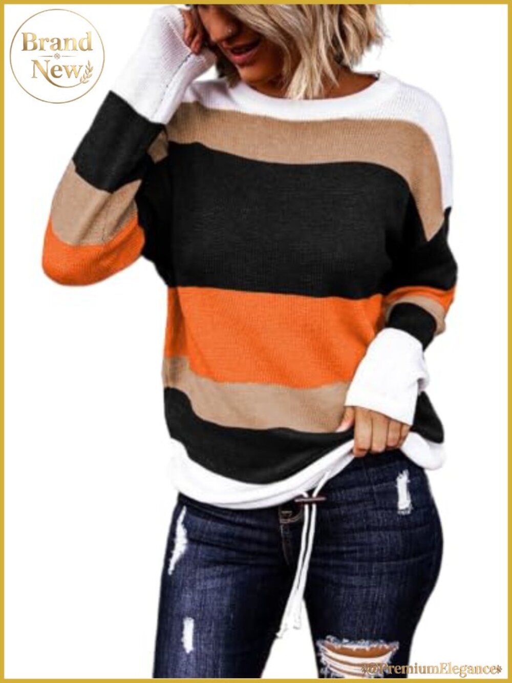 Striped Knit Pullover Sweater Long Sleeve Crewneck Color Block Drawstring Hem